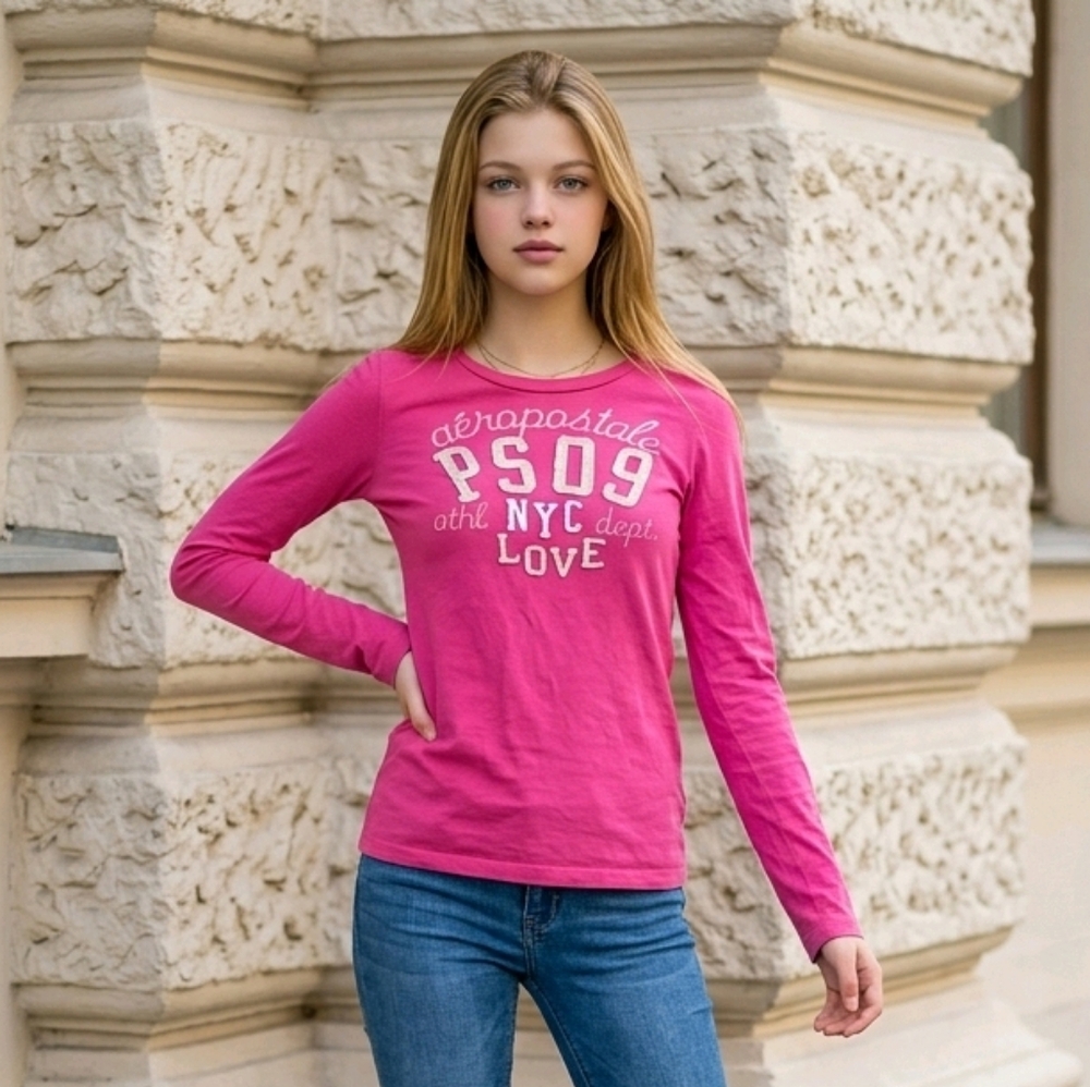 Aeropostale PS Girls Pink Graphic Long Sleeve Tee Y2K Logo Shirt Size 12 Large
